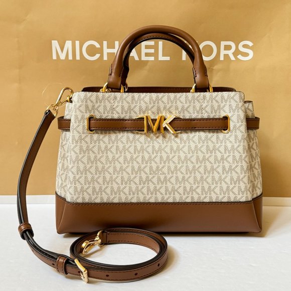 Michael Kors Handbags - Michael Kors Reed Small Belted Satchel Shoulder Crossbody Bag MK Vanilla/Brown